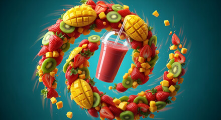 Red fruit smoothie cup surrounded by an abstract swirling pattern of fresh strawberry, kiwi slice, and mango fruit cubes, healthy drink concept