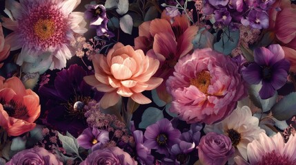 Obraz premium Colorful botanical floral pattern with blooming flowers against dark background. Dark floral design for textile, wallpaper, wedding invitation.