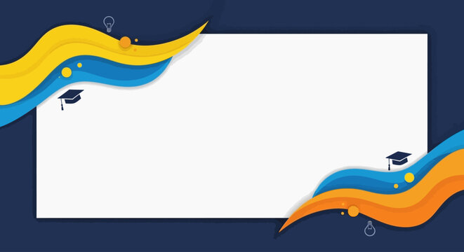 A white document frame bordered by dark blue yellow and cyan layered waves