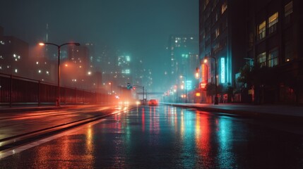 Fototapeta premium Wet city street at night with neon lights reflecting on the pavement. Urban atmosphere and futuristic cityscape. Gloomy weather conditions.