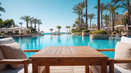 Fototapeta premium Empty wooden table with comfortable chairs near a luxurious swimming pool. Tropical resort for travel, vacation and relaxation concept.