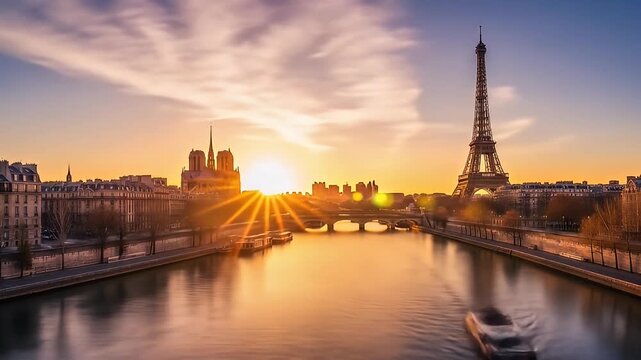 Parisian skyline with tower and cathedral silhouette at sunset over a wide, blurred river