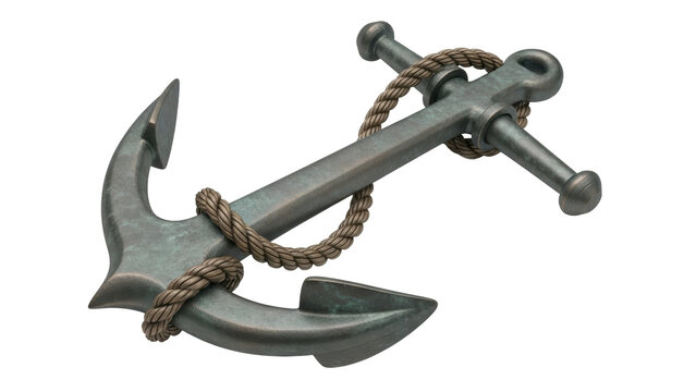 Isolated nautical anchor with rope wrapped, symbol of the sea, maritime travel and adventure