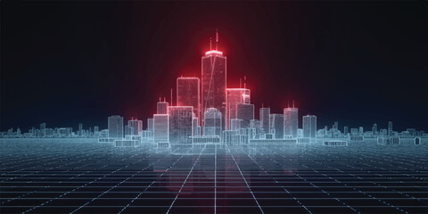 Abstract city lights and digital animations of the world and city create a 3d urban skyline with vector skyscraper silhouettes and business buildings in a night downtown panorama design © JAHURA