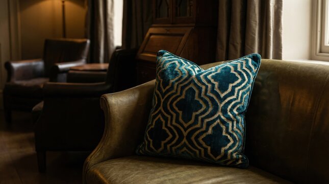 Decorative Teal and Gold Patterned Throw Pillow Resting on a Luxurious Olive Green Leather Sofa in a Cozy Elegant Living Room