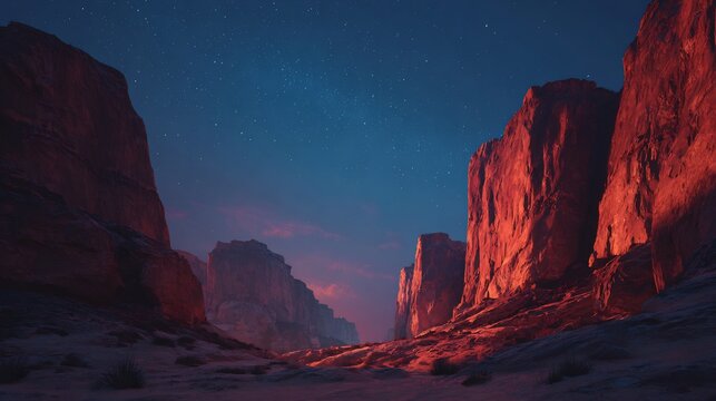 Twilight Canyon Landscape, Starry Sky, Red Rock Cliffs, AI Generated