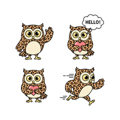 Fototapeta premium Cute cartoon leopard owl character set waving and greeting with hello speech bubble
