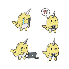 Unhappy narwhal having technical issues with laptop and smartphone with confused expression © Mst