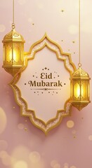Beautiful Eid Mubarak Celebration Design Featuring Golden Lanterns and Decorative Arch with Festive Stars