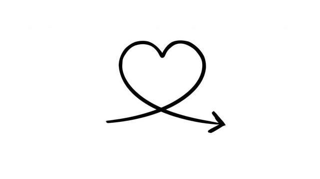 Arrow curves into heart shape hand-drawn sketch animation. Sweeping rightward. Love motif. Romantic loop. Animated doodle direction. Scribble pointer. Ink freehand symbol 4K video on transparent