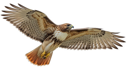 Obraz premium Isolated Bird of prey soaring with spread wings, detailed plumage, eye, feathers, nature, wildlife