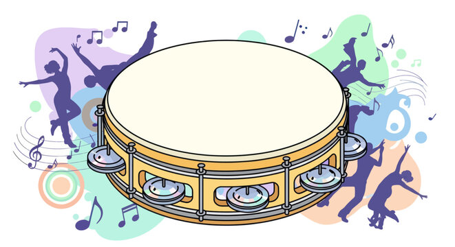 A cheerful illustration of a tambourine with dancing silhouettes and musical notes.