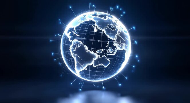 Stylized 3D digital earth grid with glowing light beams connecting global cities on a minimalist silver and blue background