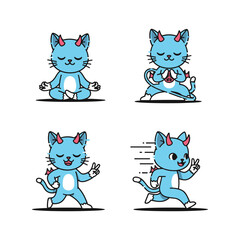 Fototapeta premium Cartoon blue cat practicing yoga poses with red horns on white background