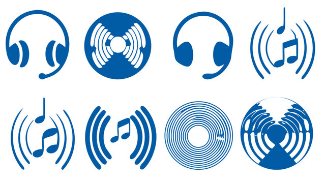 Music & Sound Logo Icon set. Flat minimalistic blue icons of sound waves, headphones, music notes, and abstract rhythm lines vector silhouette