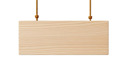 Isolated wood sign hanging, blank natural wooden board, rope fixture, information display © Vetle