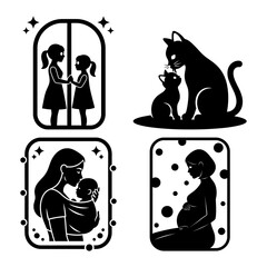 Mother daughter cat family and maternity silhouette icon bundle © PixelCraftGallery