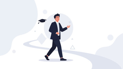 Obraz premium Man in Suit Walking Towards Graduation Cap Flying Away