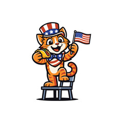 Naklejka premium Cute Patriotic Cat Mascot Holding Taco and USA Flag Wearing Uncle Sam Hat Vector Illustration
