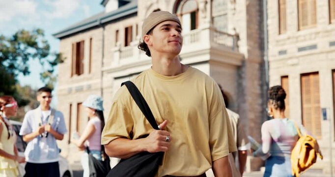 Walking, smile and thinking with student outdoor for college opportunity, future and knowledge. University scholarship, vision and academy or school with person on campus for study and learning