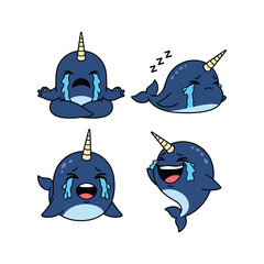 Crying and laughing cartoon narwhal with different emotions and facial expressions © Rakib