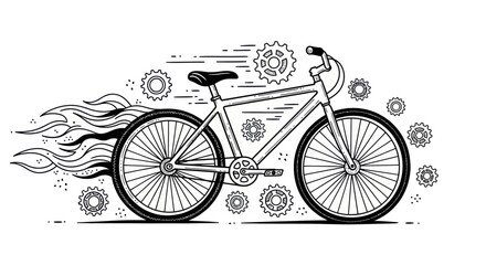 Stylized bicycle with fiery motion and gears.