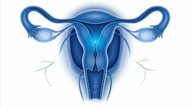 Abstract Blue Uterus and Ovaries Illustration with Veins and Light Effects