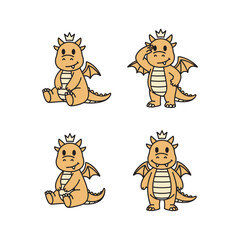Cute cartoon dragons with different emotions and crown on white background