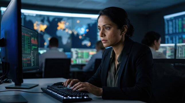 Focused Professional Woman Typing on Keyboard Analyzing Data in a Dark High-Tech Control Room