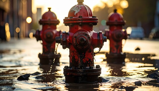Close-up FlyPro_Firefly realist photography of stark, damaged fire hydrants with their valves twisted and broken, submerged in flooded daylight.