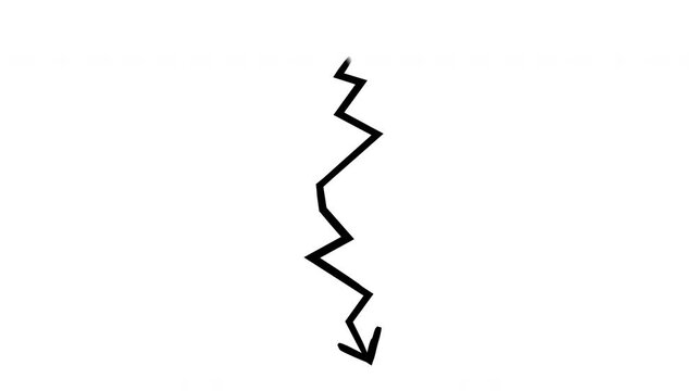 Zigzagging broken arrow pointing downward hand-drawn sketch animation. Sharp angular turns. Lightning bolt. Animated doodle direction. Scribble pointer. Ink freehand symbol 4K video on transparent