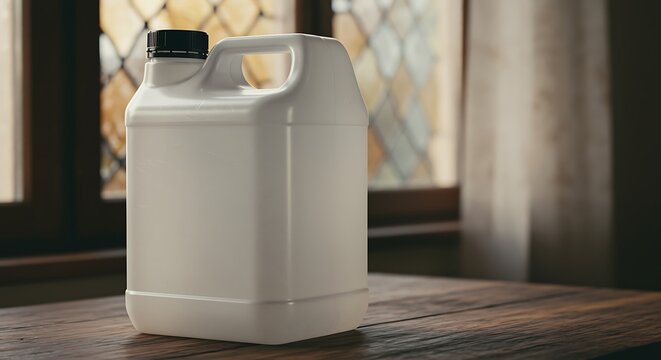 Large White Plastic Jerrican Container With Handle And Spout On Wooden Surface Near Window