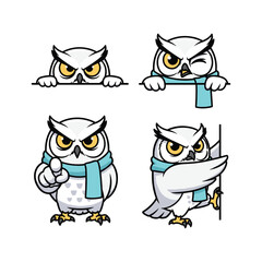 Obraz premium Cartoon owl character set with different expressions wearing scarf