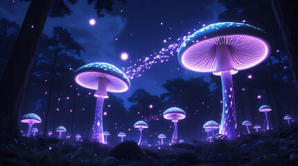 Fototapeta premium Enchanting glowing mushrooms light up a mystical forest night