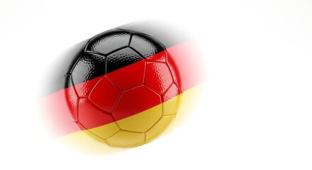 Fototapeta premium Glossy soccer ball with German flag colors fading into the background, representing sport and national pride.