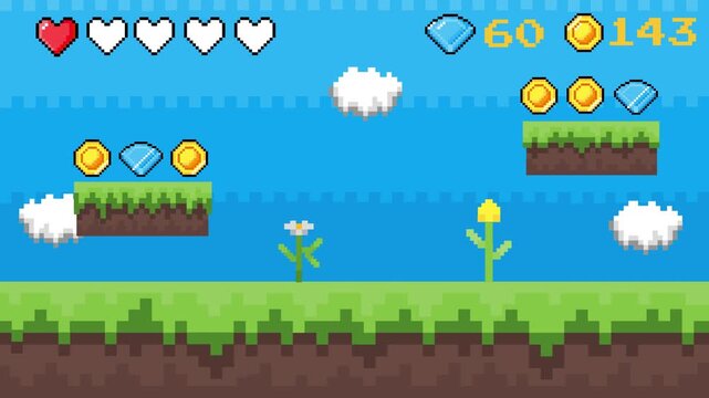 Colorful pixel art 2D platformer video game level. Retro adventure scene featuring collectible coins, glowing diamonds, and health hearts in a charming digital landscape