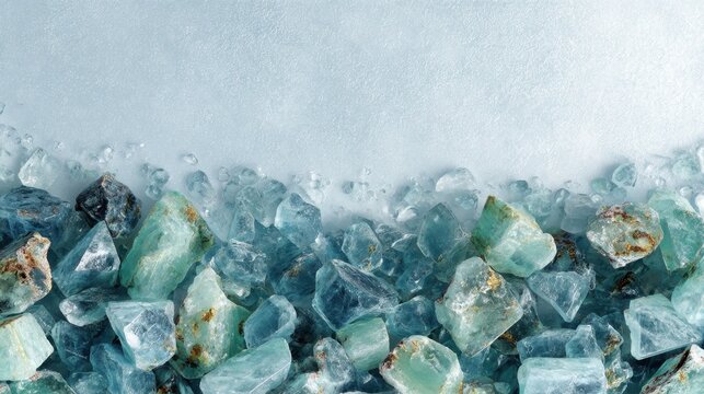 Raw Aquamarine Gemstones and Crushed Ice on Light Blue Surface