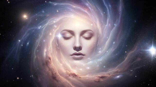 Dreamy woman face in cosmic nebula, ethereal, spiritual, fantasy, galaxy background