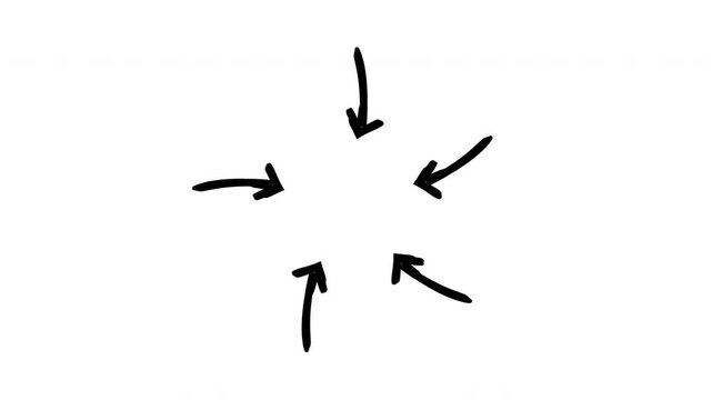 All options one conclusion arrows hand-drawn sketch animation. Converging toward center. Focus unification. Animated doodle direction. Scribble pointer. Ink freehand symbol 4K video on transparent