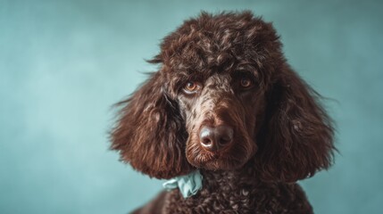 Portrait of a sophisticated chocolate brown standard poodle with professional grooming and a bow tie.