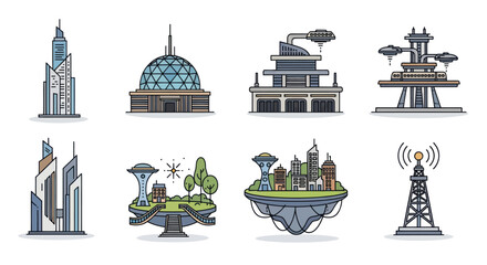 Collection of futuristic and science fiction buildings and cities. © RamaHima
