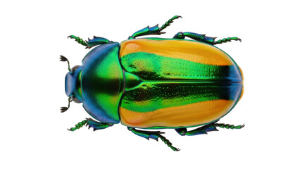 Isolated colorful beetle, close-up, brilliant natural green, yellow and blue tones, view from above