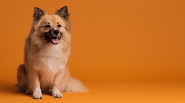 Happy freshly groomed dog sitting against a solid orange background.