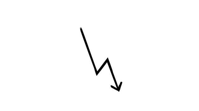 Sharp angular lightning arrow hand-drawn sketch animation. Zigzag pointing downward. Jagged sudden drop. Animated doodle direction. Scribble pointer. Ink freehand symbol 4K video on transparent