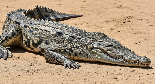 Crocodile basking in the sun on a sandy riverbank.
