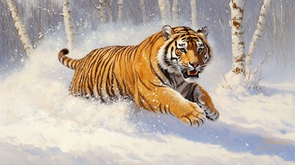 Obraz premium Siberian tiger sprinting snowy birch forest winter wildlife