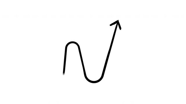 Curved arrow with flowing wave shape hand-drawn sketch animation. Sharp upward. Growth after fluctuation. Animated doodle direction. Scribble pointer. Ink freehand symbol 4K video on transparent