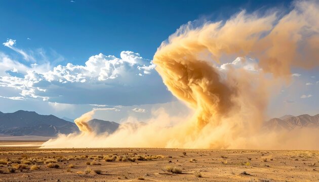 FlyPro Firefly captures powerful dust devils dancing across a vast, dry plain, showcasing wind's force and soil's aridity, ph_de092b_1.