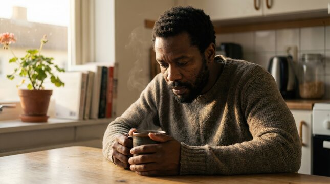 African American Man Holding Steaming Mug Looking Down Thoughtfully in Cozy Home Kitchen with Warm Natural Light