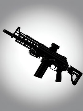 A detailed black silhouette depicts a modern submachine gun showcasing its mechanical components and design silhouette high quality professional elegant